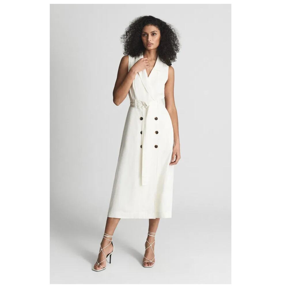Reiss Mariah Linen Blend Belted Button Midi Dress Size US/6